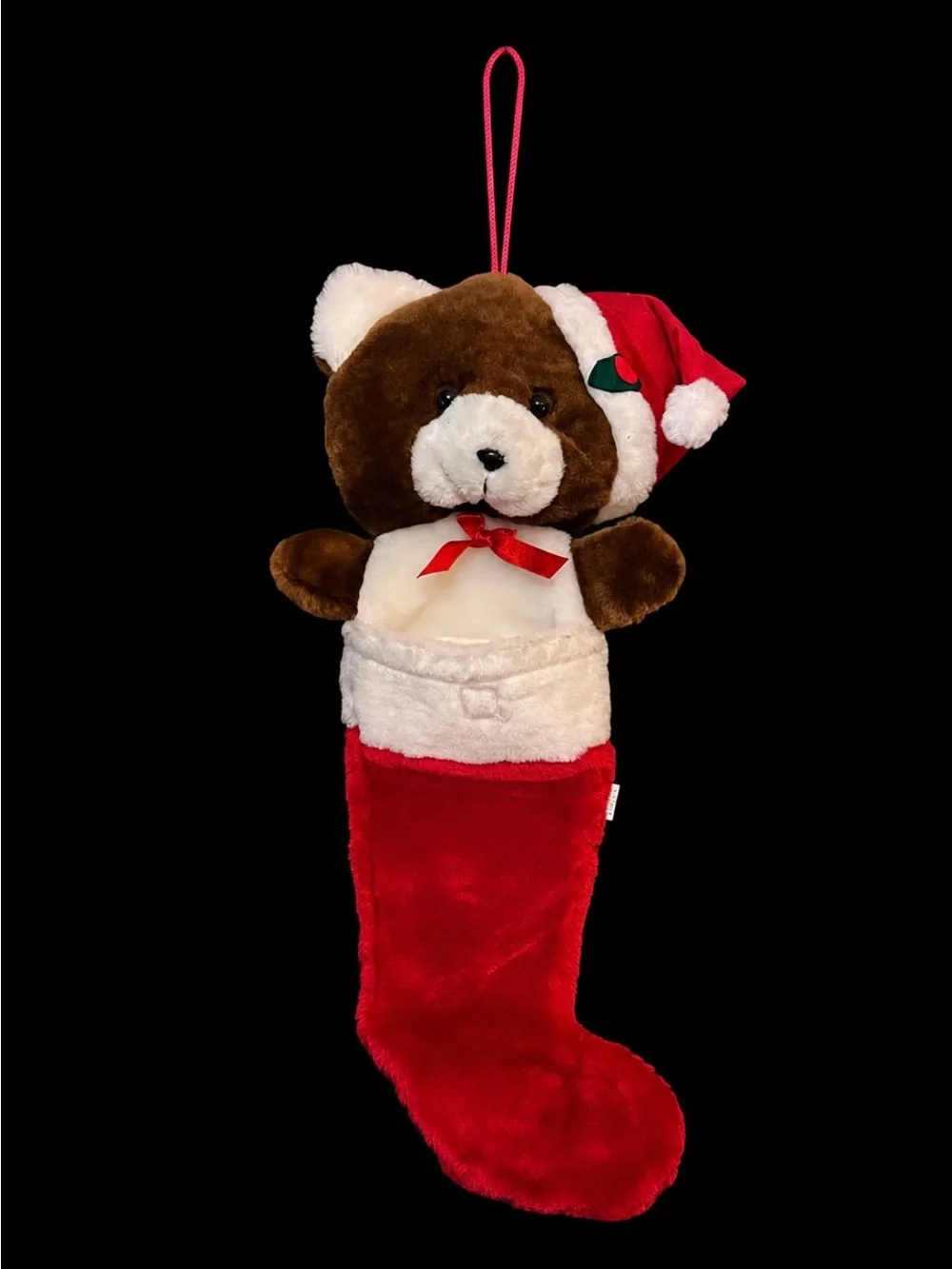 Christmas Teddy Bear Plush Stocking Red Santa Hat Holiday Hanging Stocking Decor